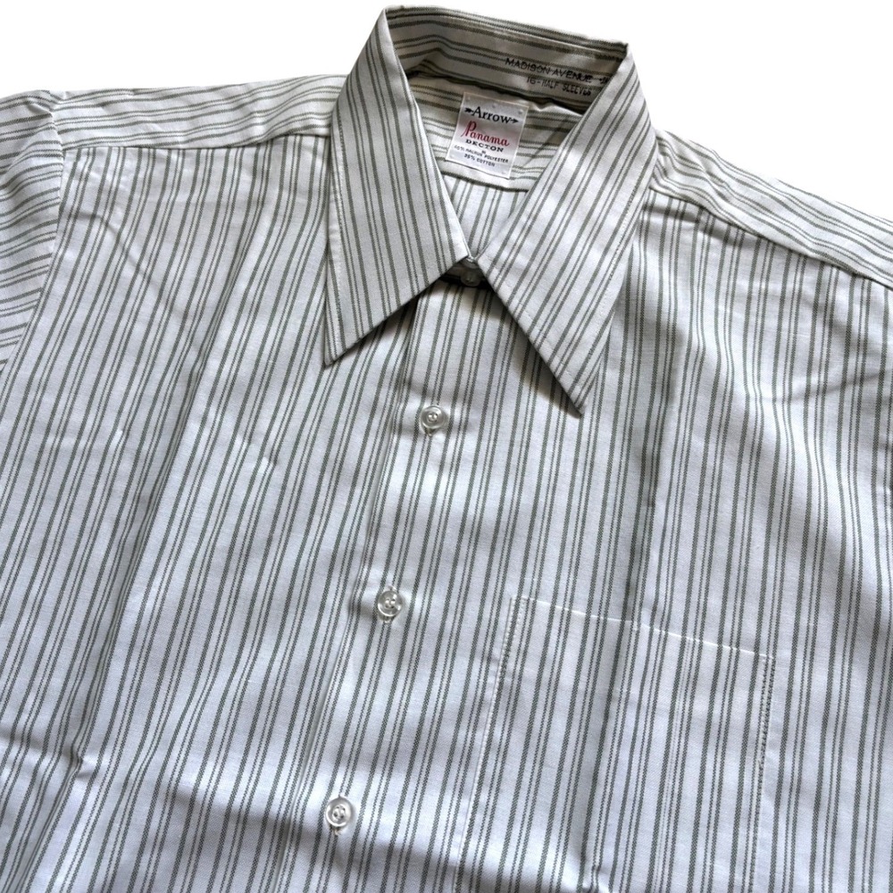 Vtg 60s Arrow Sanforized Button Up Short Sleeve Shirt Men 16.5 Green Stripe USA